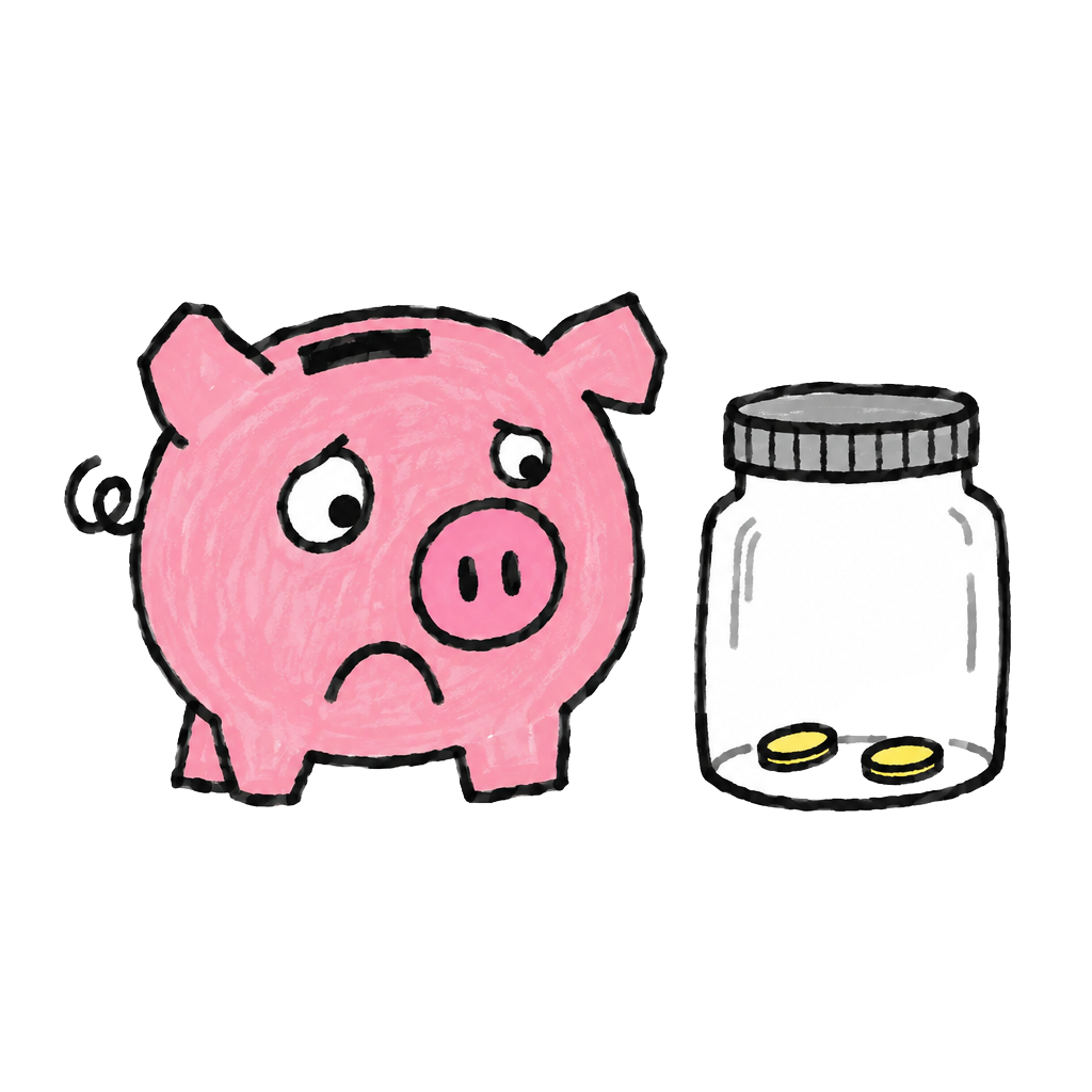 A little pink pig sitting beside a coin jar